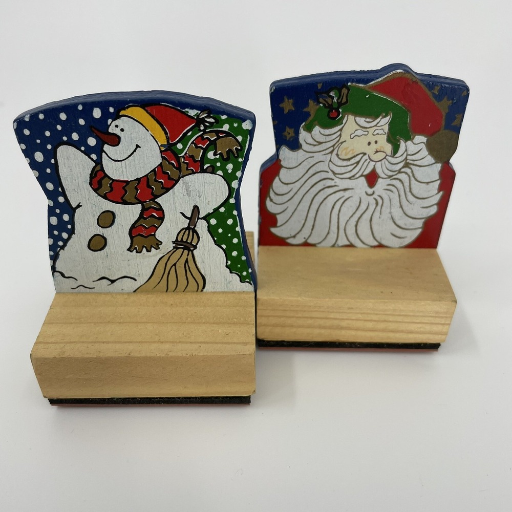 Vintage Christmas Rubber Stamp Set Santa Claus Snowman Hand Painted Wood 2pc